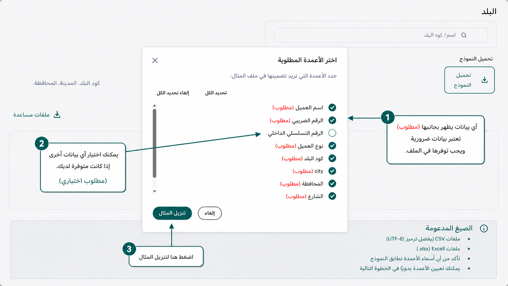 تحديد حقول البيانات الأساسية والإضافية للعملاء قبل تنزيل ملف الإكسيل من منصة إي ضريبة (eDariba)